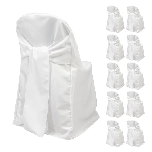 10 - Pack Polyester Slip - On Folding Chair Covers with Attached Sashes â€“ White Durable Reusable Covers for Wedding & Event Decor - Bell Racket Store
