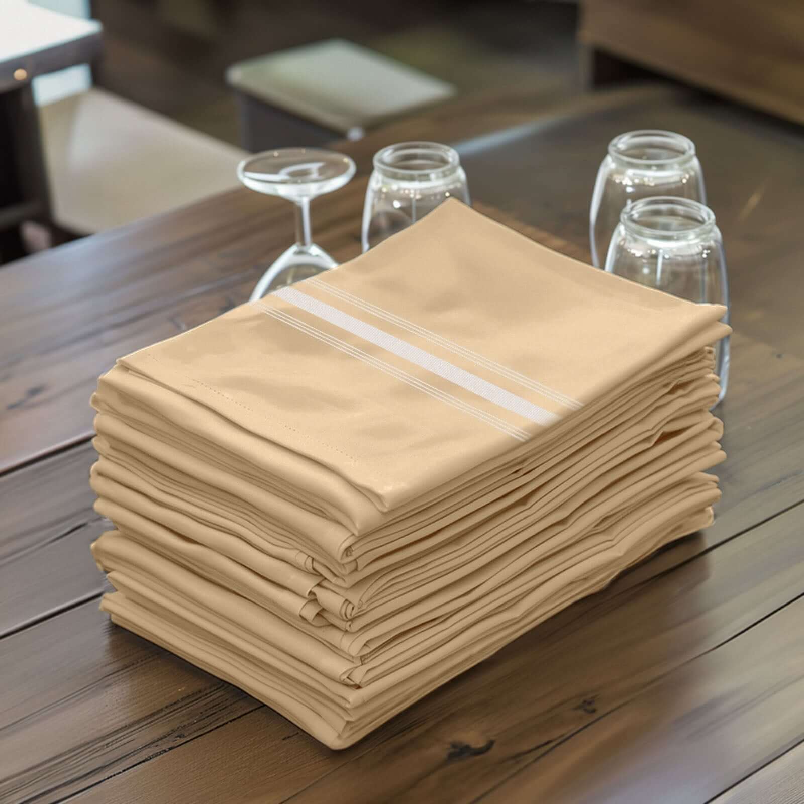 10 Pack Premium Spun Polyester 18"x22" Napkins Champagne/White Bistro Style - Highly Absorbent Cotton - Like Feel Cloth Napkins - Bell Racket Store