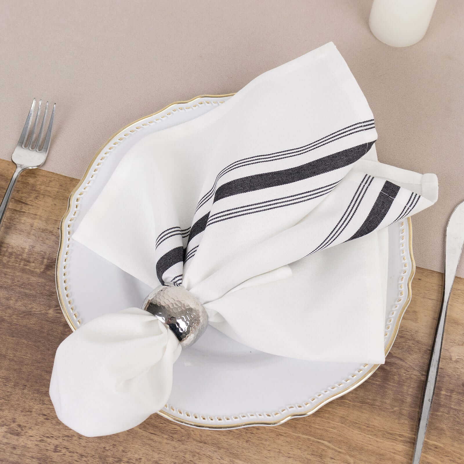 10 Pack Premium Spun Polyester 18"x22" Napkins White/Black Bistro Style - Highly Absorbent Cotton - Like Feel Cloth Napkins for Everyday Dining or Celebrations - Bell Racket Store