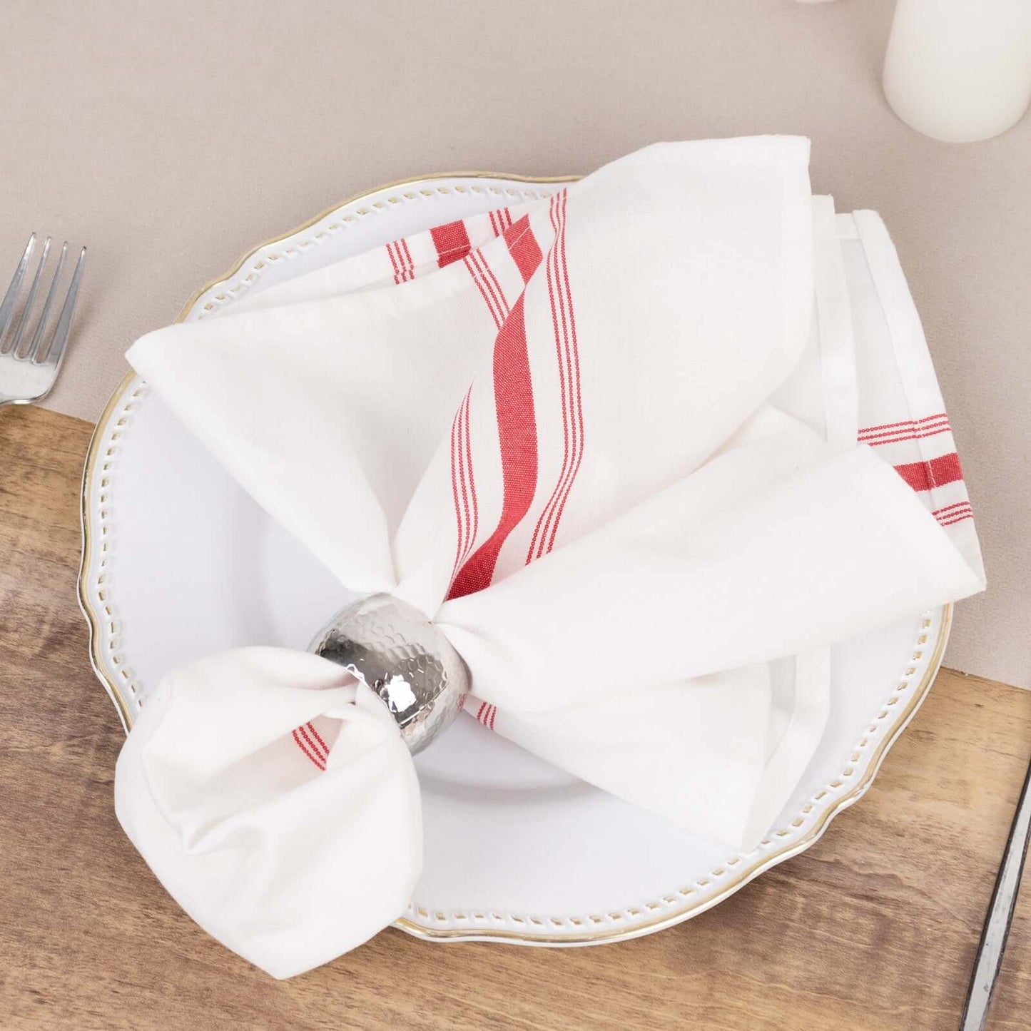 10 Pack Premium Spun Polyester 18"x22" Napkins White/Red Bistro Style - Highly Absorbent Cotton - Like Feel Cloth Napkins - Bell Racket Store