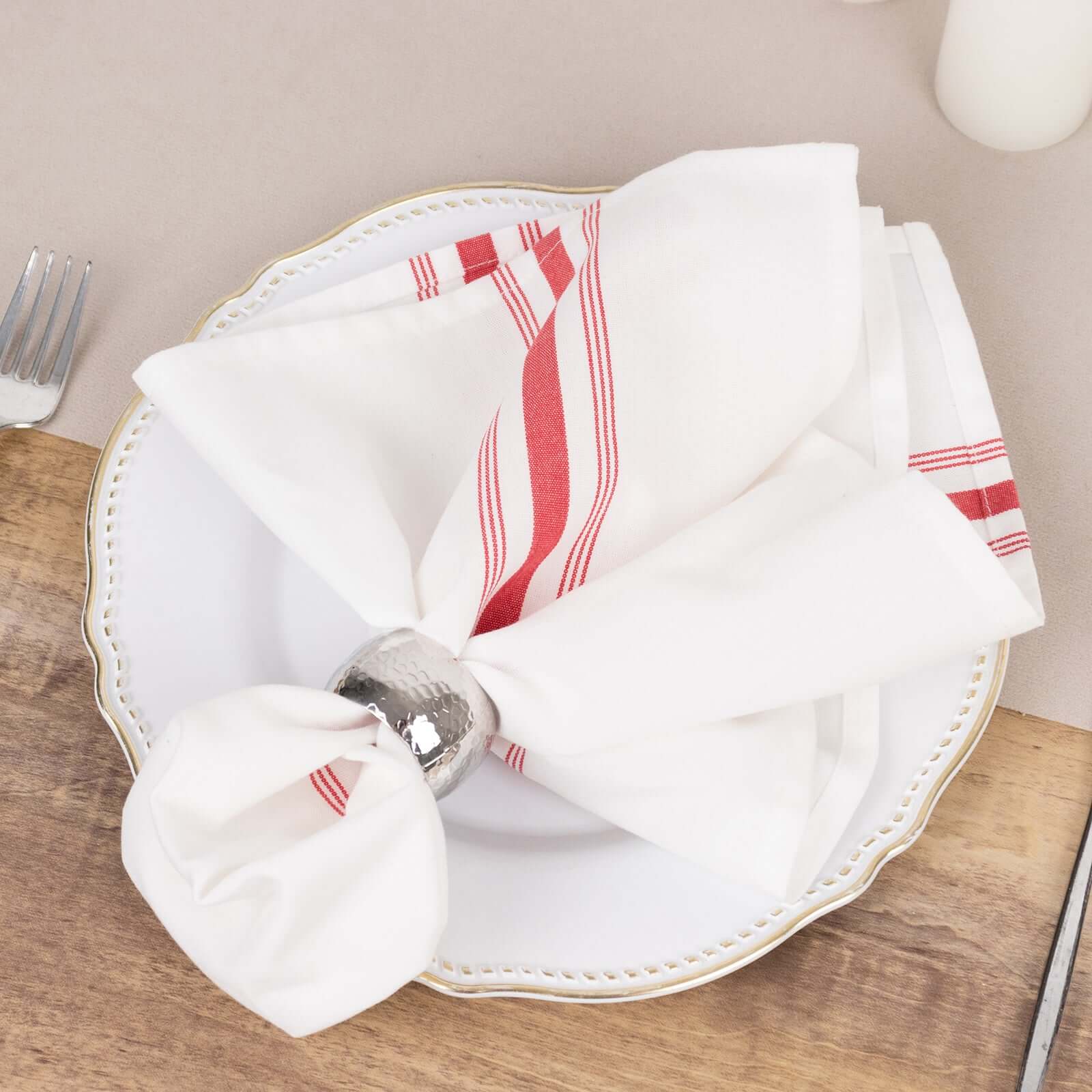 10 Pack Premium Spun Polyester 18"x22" Napkins White/Red Bistro Style - Highly Absorbent Cotton - Like Feel Cloth Napkins - Bell Racket Store