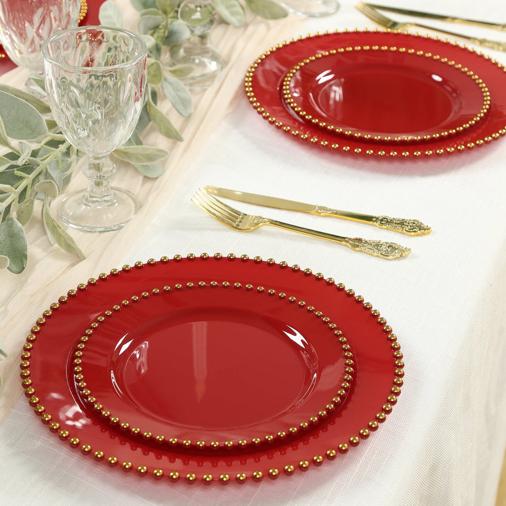 10 - Pack Red Plastic Dessert Plates â€“ 8" Round with Gold Beaded Rim, Disposable for Parties & Events - Bell Racket Store