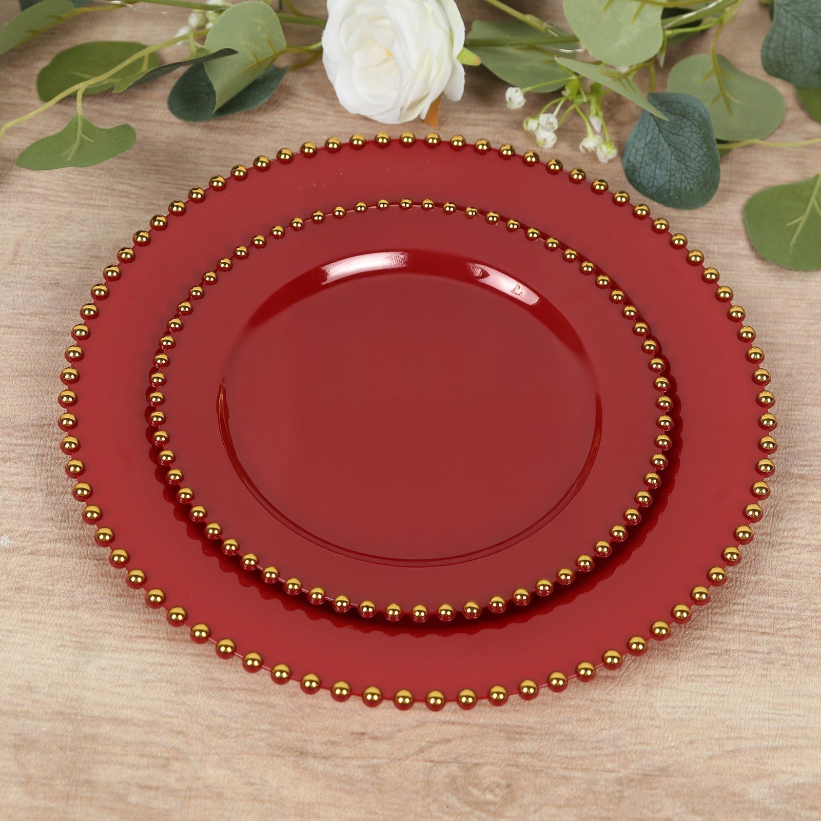 10 - Pack Red Plastic Dessert Plates â€“ 8" Round with Gold Beaded Rim, Disposable for Parties & Events - Bell Racket Store