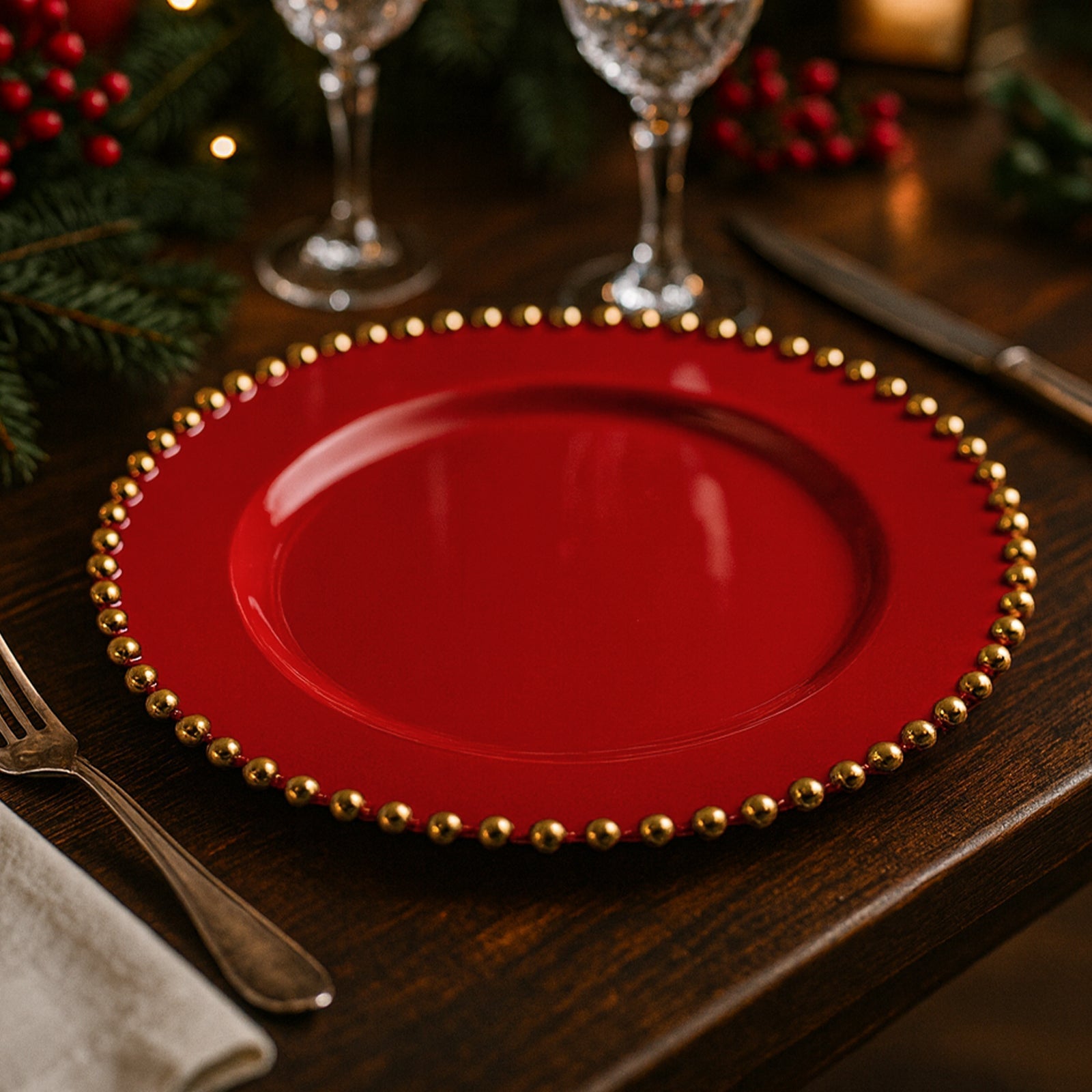 10 - Pack Red Plastic Dessert Plates â€“ 8" Round with Gold Beaded Rim, Disposable for Parties & Events - Bell Racket Store