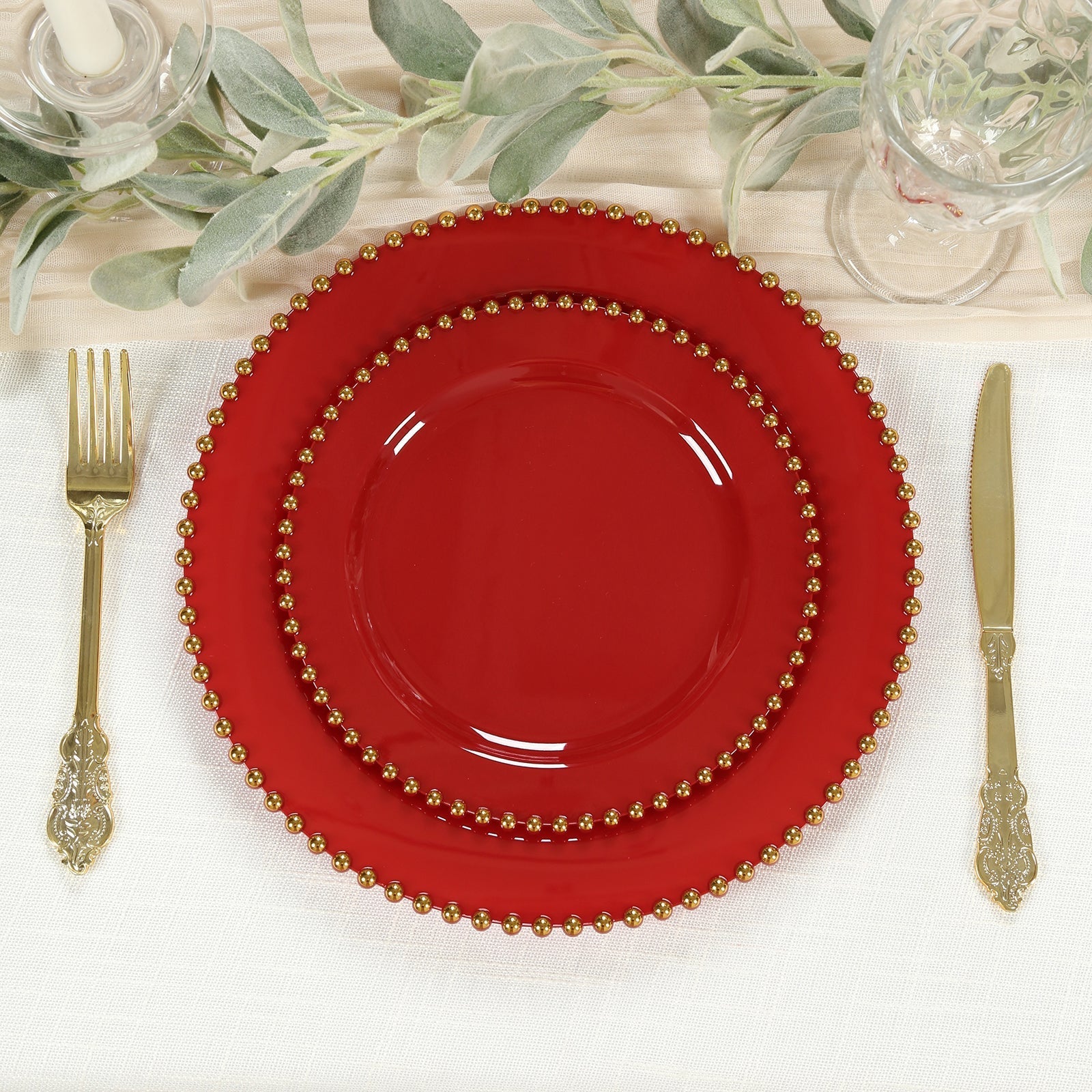 10 - Pack Red Plastic Dessert Plates â€“ 8" Round with Gold Beaded Rim, Disposable for Parties & Events - Bell Racket Store