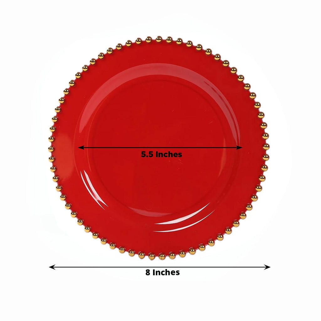 10 - Pack Red Plastic Dessert Plates â€“ 8" Round with Gold Beaded Rim, Disposable for Parties & Events - Bell Racket Store
