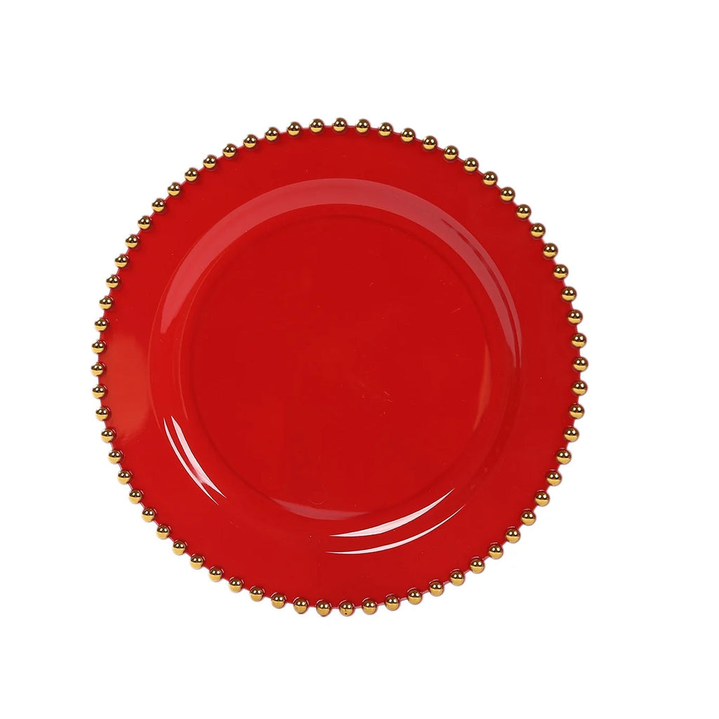 10 - Pack Red Plastic Dessert Plates â€“ 8" Round with Gold Beaded Rim, Disposable for Parties & Events - Bell Racket Store