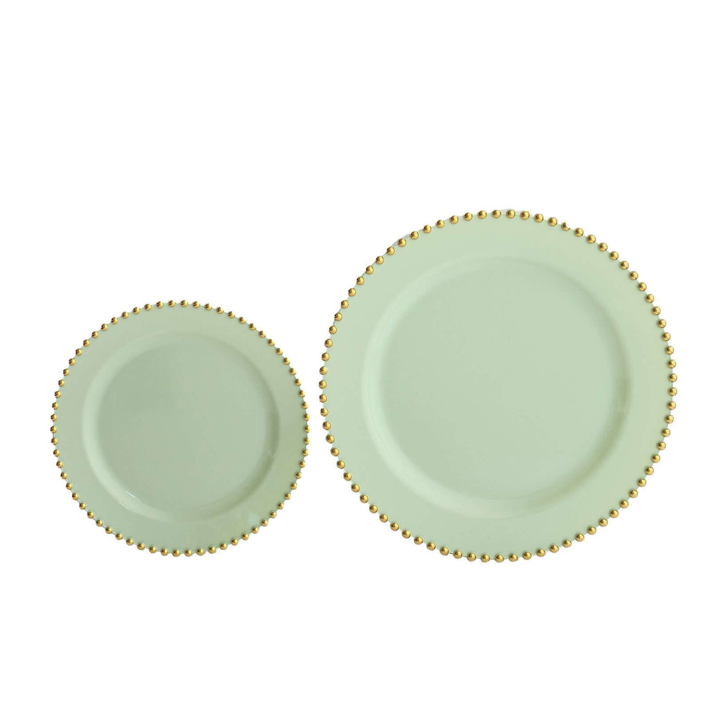 10 - Pack Sage Green Plastic Dessert Plates â€“ 8" Round with Gold Beaded Rim, Disposable for Parties & Events - Bell Racket Store
