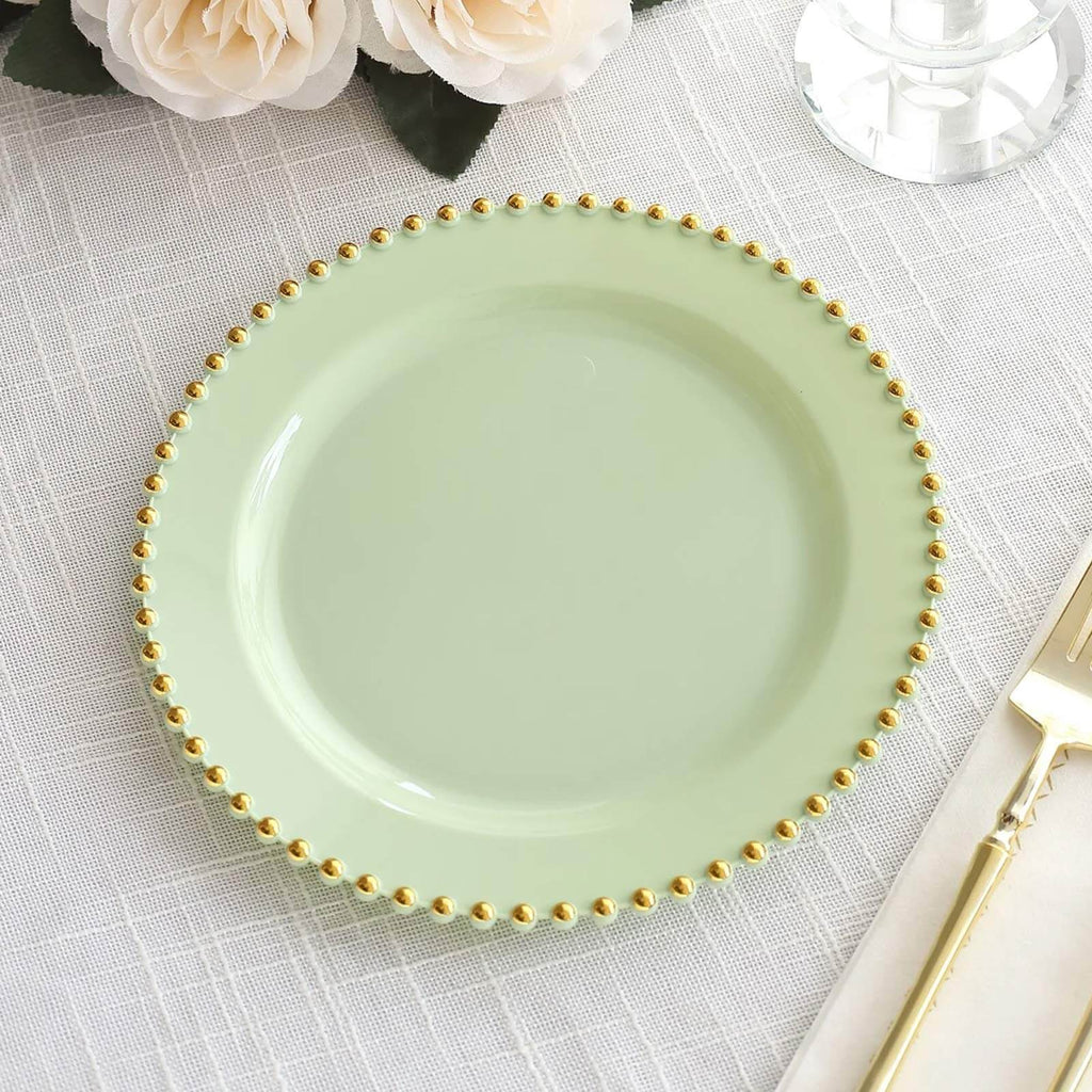 10 - Pack Sage Green Plastic Dessert Plates â€“ 8" Round with Gold Beaded Rim, Disposable for Parties & Events - Bell Racket Store