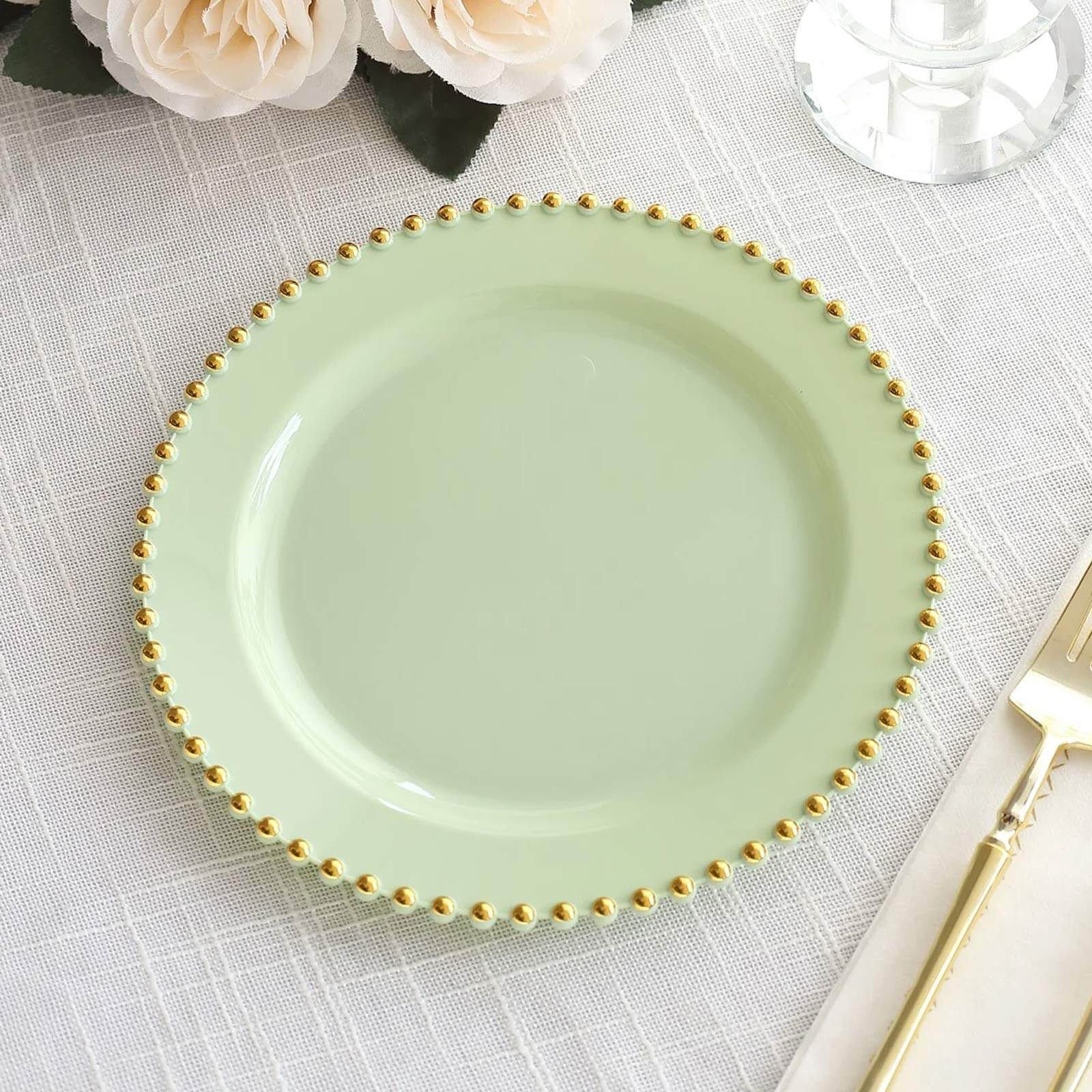 10 - Pack Sage Green Plastic Dessert Plates â€“ 8" Round with Gold Beaded Rim, Disposable for Parties & Events - Bell Racket Store