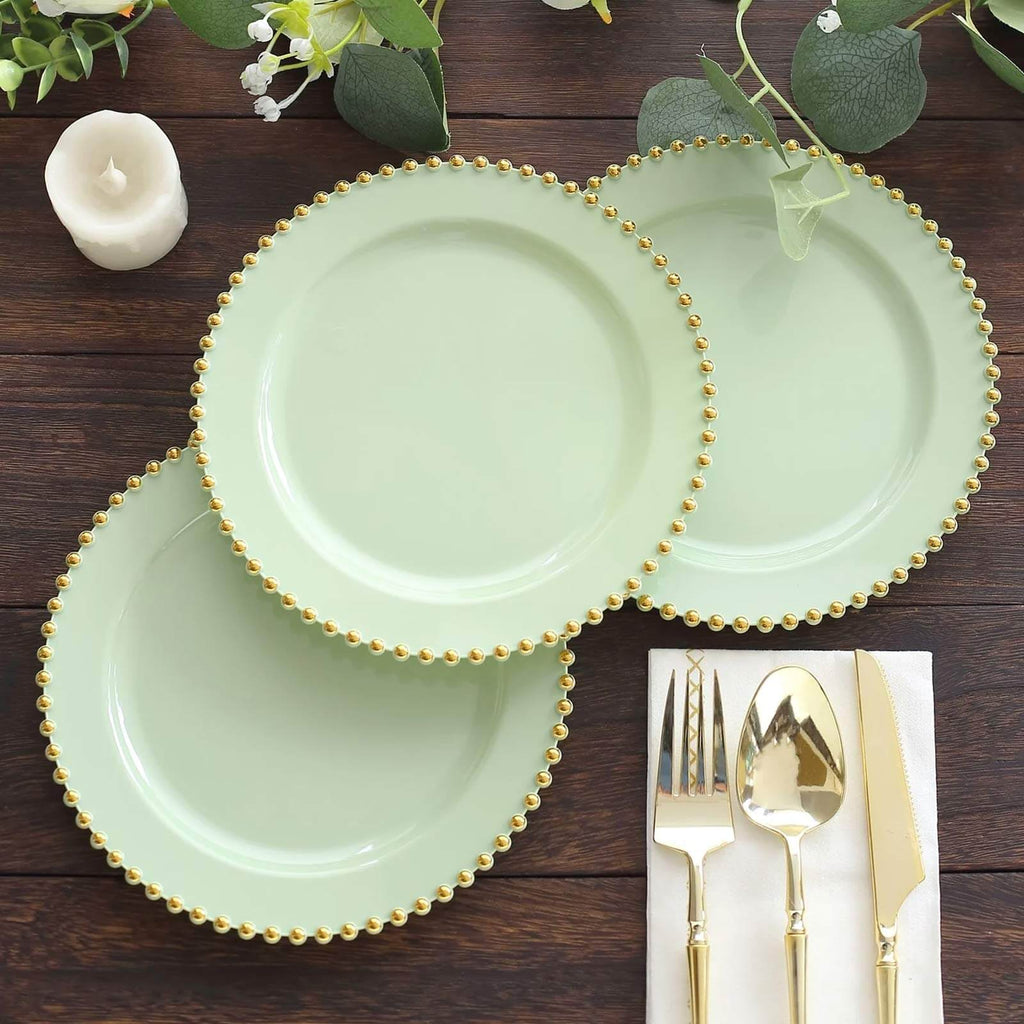 10 - Pack Sage Green Plastic Dessert Plates â€“ 8" Round with Gold Beaded Rim, Disposable for Parties & Events - Bell Racket Store