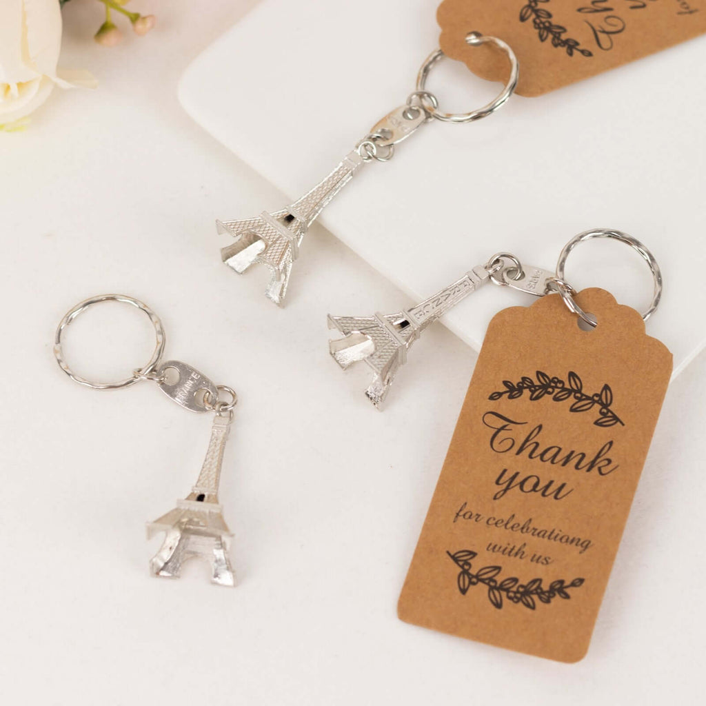 10 Pack Silver Plastic Paris Eiffel Tower Keychain Wedding Favors, 4" Bridal Shower Party Souvenirs With Thank You Tag - Bell Racket Store