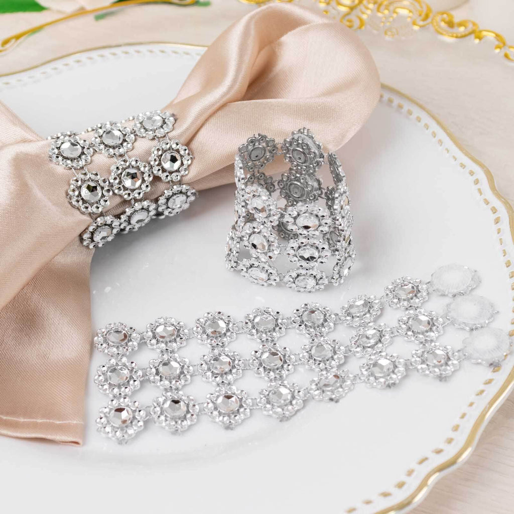 10 Pack Silver Sunflower Diamond Rhinestones Napkin Holders With Velcro, Elegant Wedding Napkin Rings - Bell Racket Store