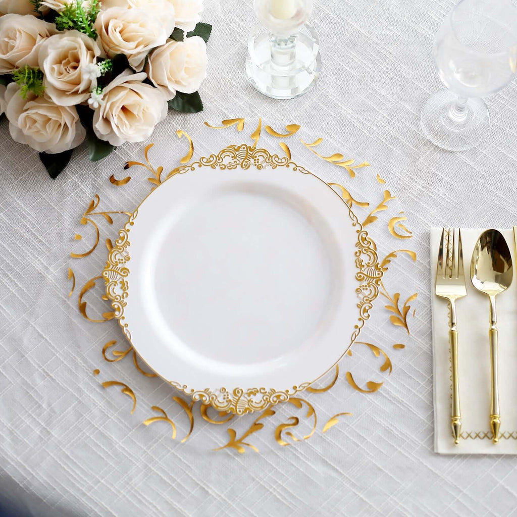 10 - Pack Table Placemats Embossed Foil Flower Design Metallic Gold Round - Sheer Organza Disposable Mats 13" - Bell Racket Store