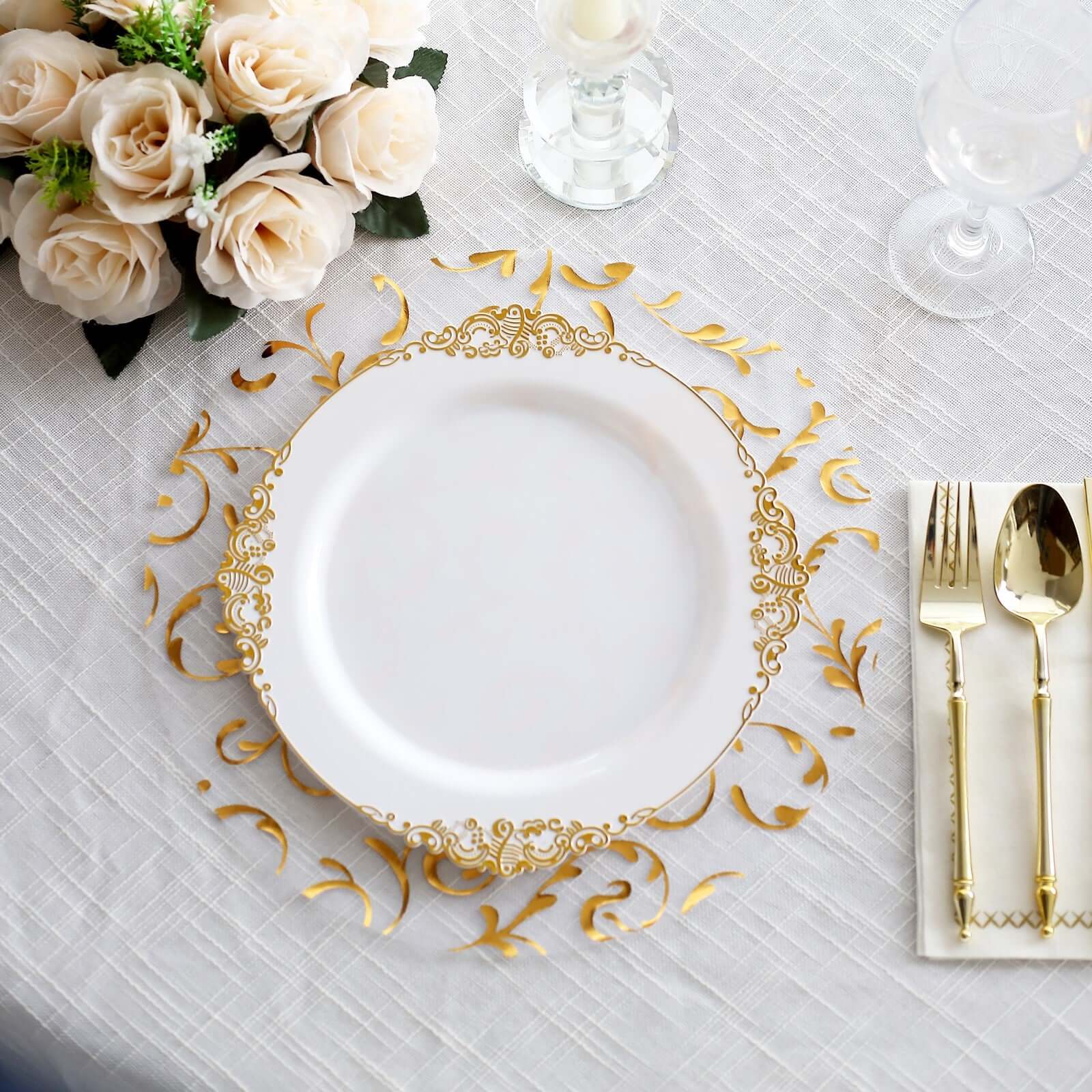 10 - Pack Table Placemats Embossed Foil Flower Design Metallic Gold Round - Sheer Organza Disposable Mats 13" - Bell Racket Store