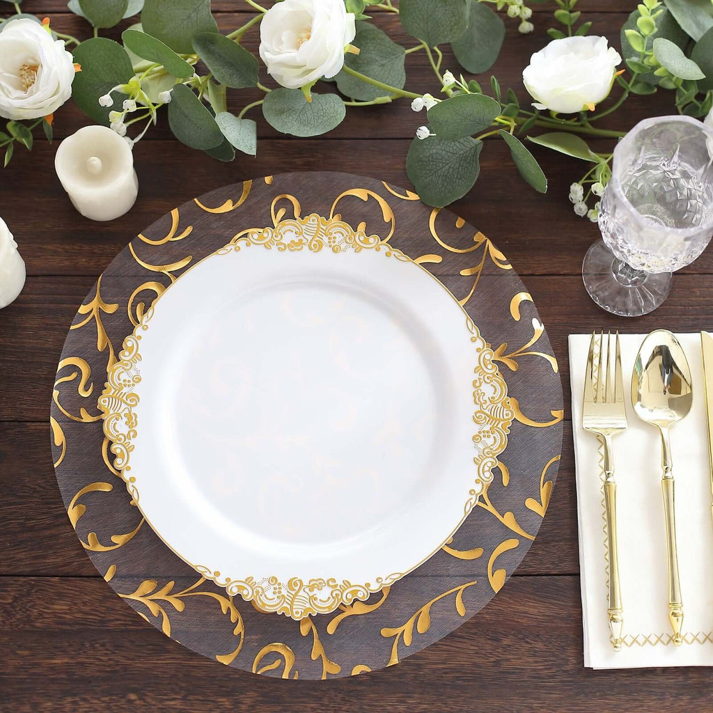 10 - Pack Table Placemats Embossed Foil Flower Design Metallic Gold Round - Sheer Organza Disposable Mats 13" - Bell Racket Store