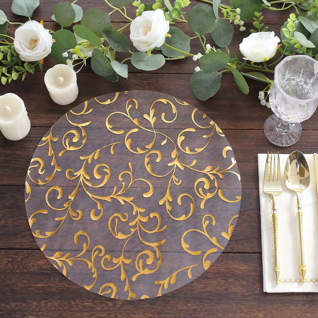 10 - Pack Table Placemats Embossed Foil Flower Design Metallic Gold Round - Sheer Organza Disposable Mats 13" - Bell Racket Store