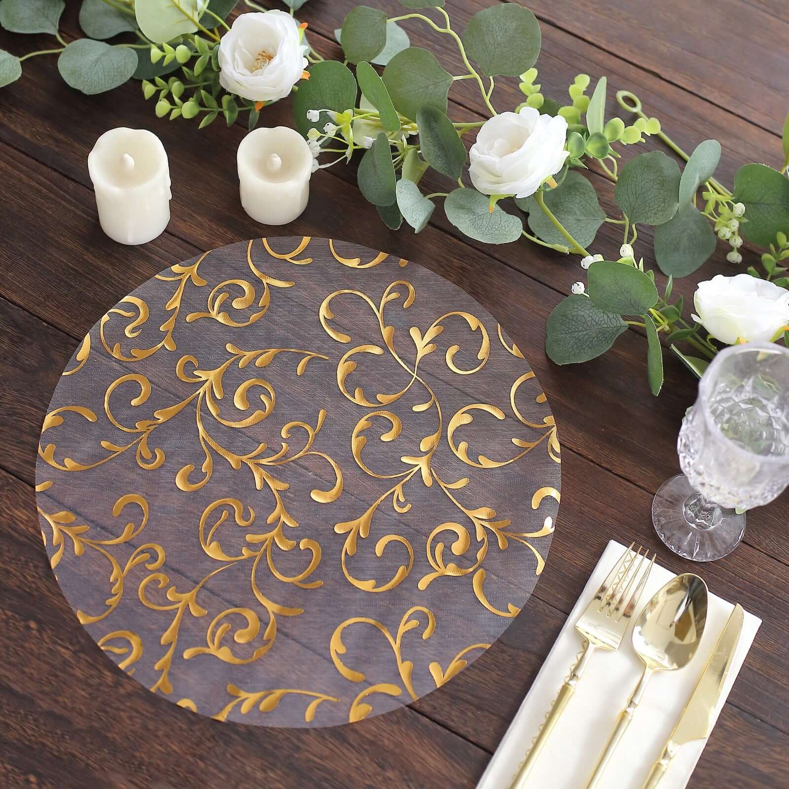 10 - Pack Table Placemats Embossed Foil Flower Design Metallic Gold Round - Sheer Organza Disposable Mats 13" - Bell Racket Store