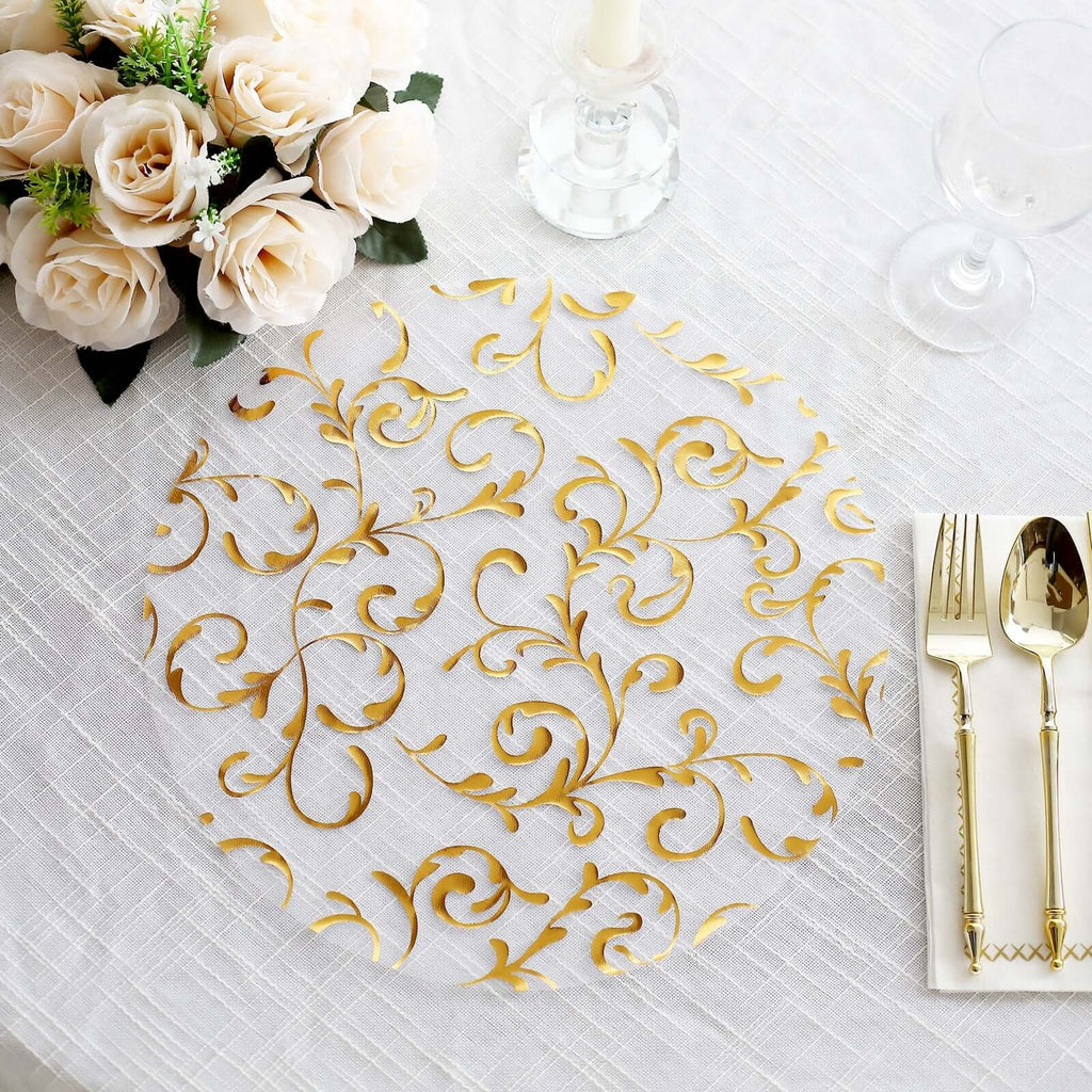 10 - Pack Table Placemats Embossed Foil Flower Design Metallic Gold Round - Sheer Organza Disposable Mats 13" - Bell Racket Store