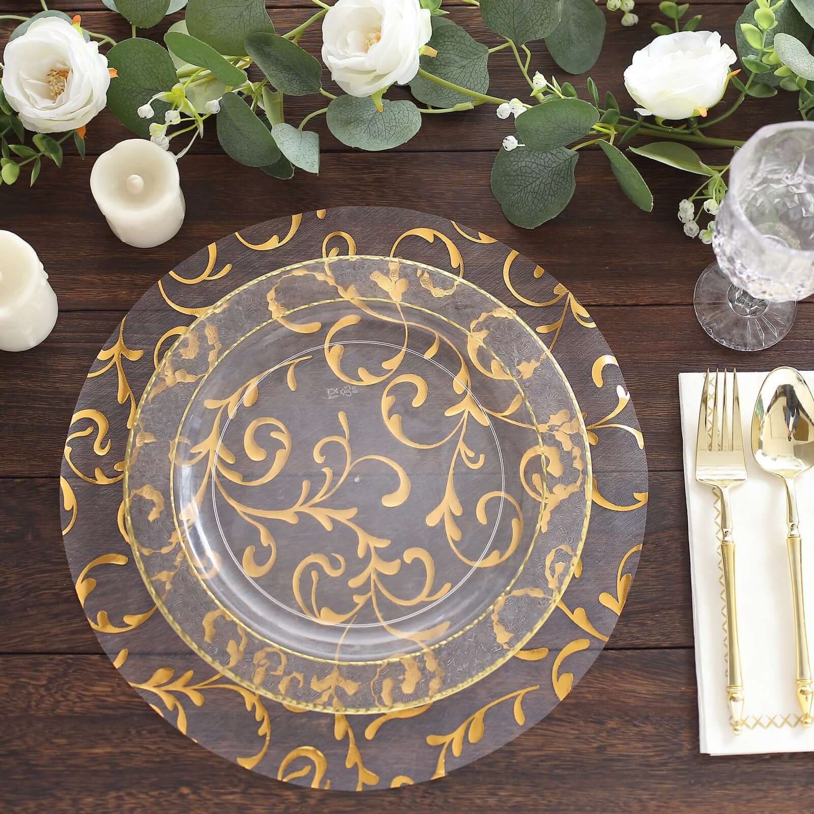 10 - Pack Table Placemats Embossed Foil Flower Design Metallic Gold Round - Sheer Organza Disposable Mats 13" - Bell Racket Store