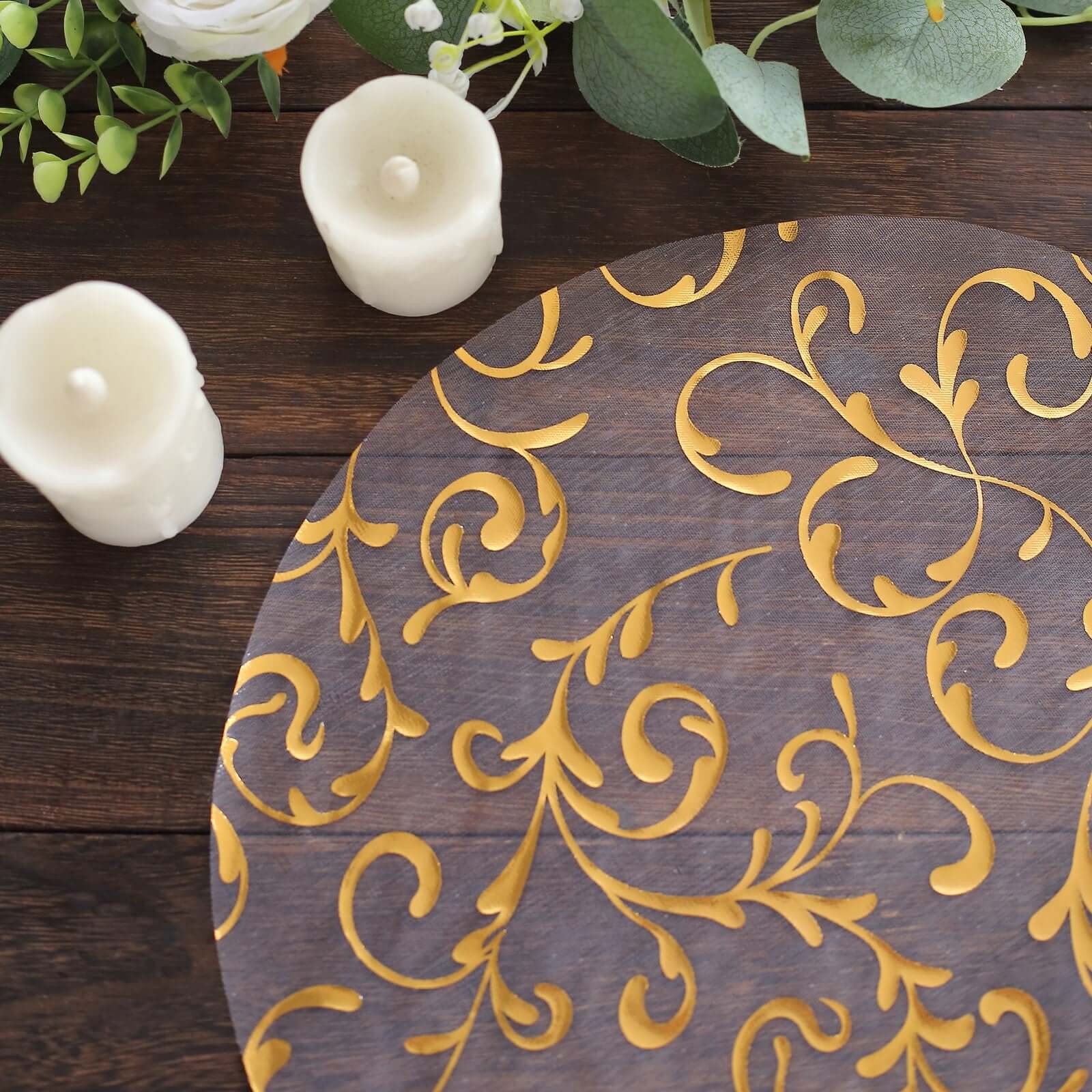 10 - Pack Table Placemats Embossed Foil Flower Design Metallic Gold Round - Sheer Organza Disposable Mats 13" - Bell Racket Store