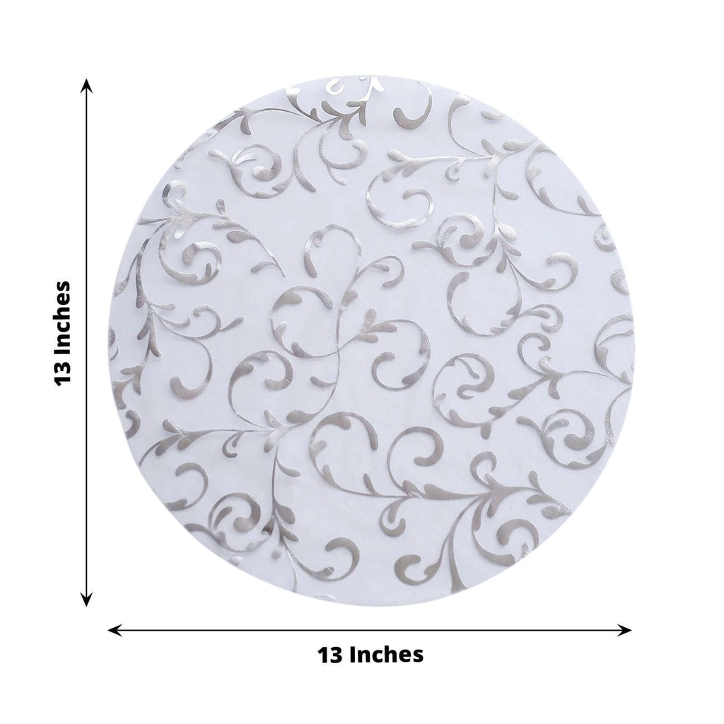 10 - Pack Table Placemats Embossed Foil Flower Design Metallic Silver Round - Sheer Organza Disposable Mats 13" - Bell Racket Store