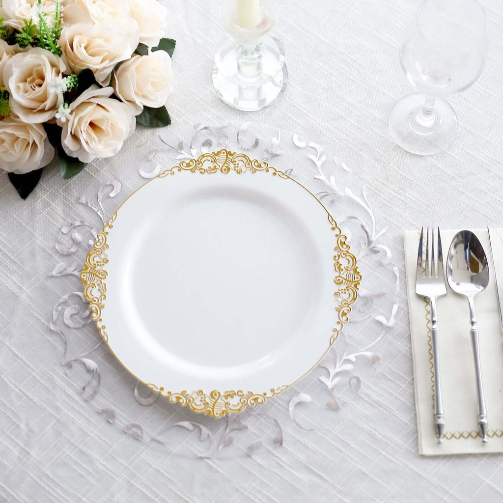 10 - Pack Table Placemats Embossed Foil Flower Design Metallic Silver Round - Sheer Organza Disposable Mats 13" - Bell Racket Store