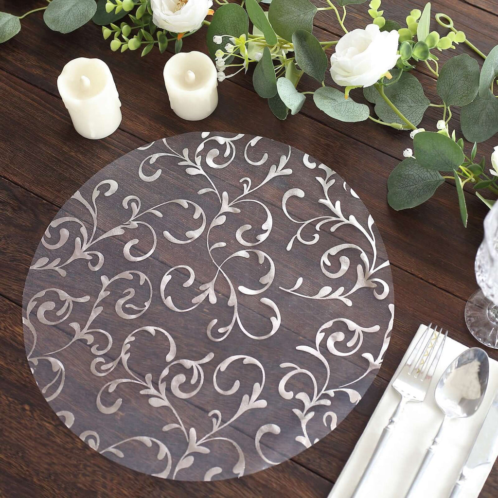 10 - Pack Table Placemats Embossed Foil Flower Design Metallic Silver Round - Sheer Organza Disposable Mats 13" - Bell Racket Store