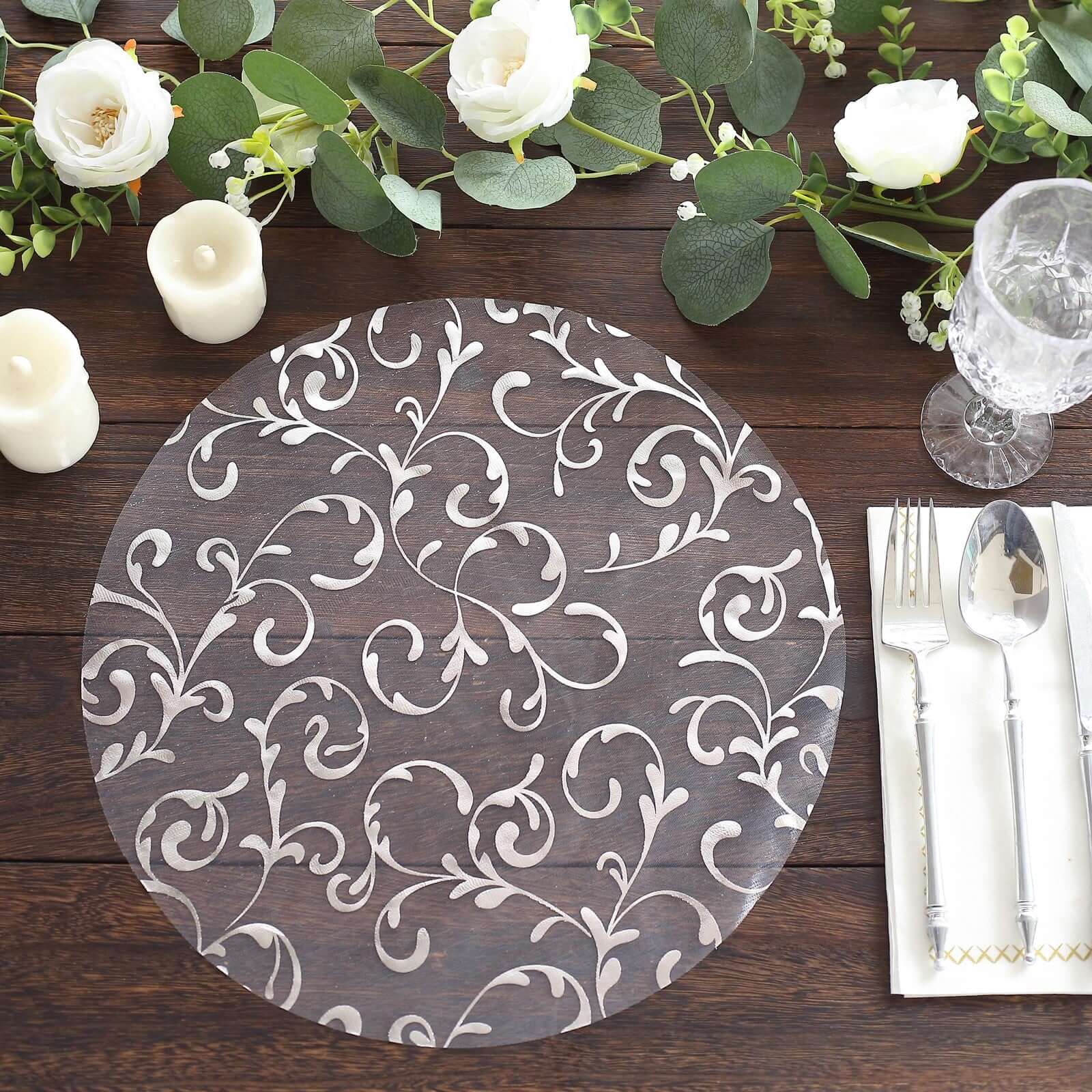 10 - Pack Table Placemats Embossed Foil Flower Design Metallic Silver Round - Sheer Organza Disposable Mats 13" - Bell Racket Store