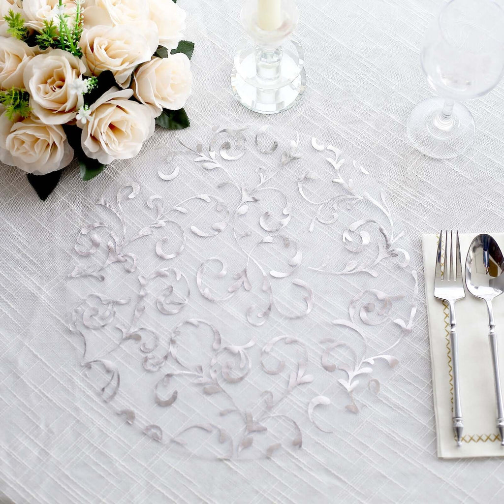 10 - Pack Table Placemats Embossed Foil Flower Design Metallic Silver Round - Sheer Organza Disposable Mats 13" - Bell Racket Store