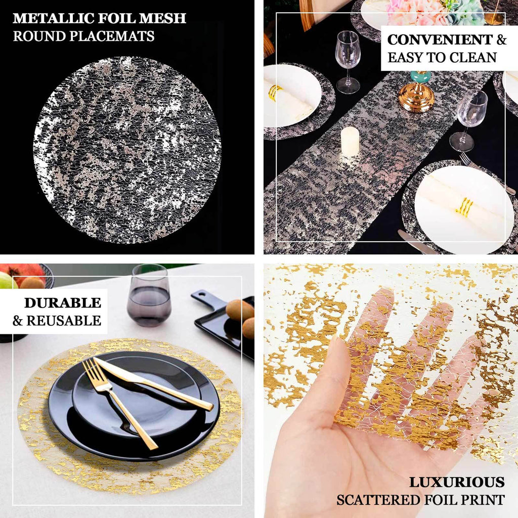 10 - Pack Table Placemats Foil Design Metallic Gold Round - Mesh Disposable Shiny Dining Mats 13" - Bell Racket Store
