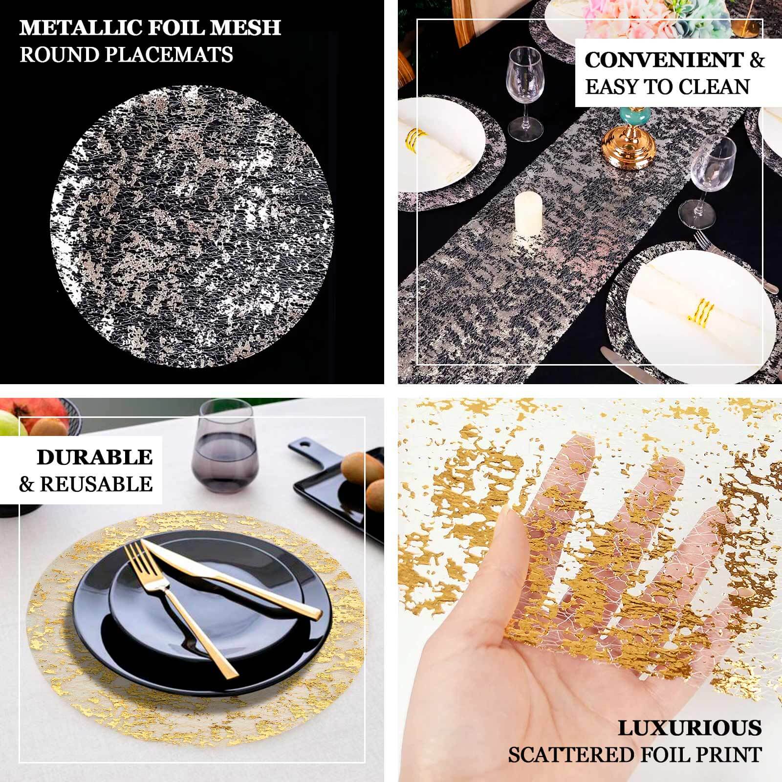 10 - Pack Table Placemats Foil Design Metallic Gold Round - Mesh Disposable Shiny Dining Mats 13" - Bell Racket Store