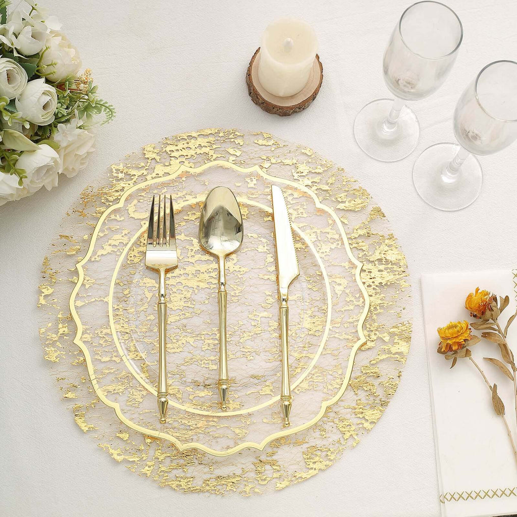10 - Pack Table Placemats Foil Design Metallic Gold Round - Mesh Disposable Shiny Dining Mats 13" - Bell Racket Store