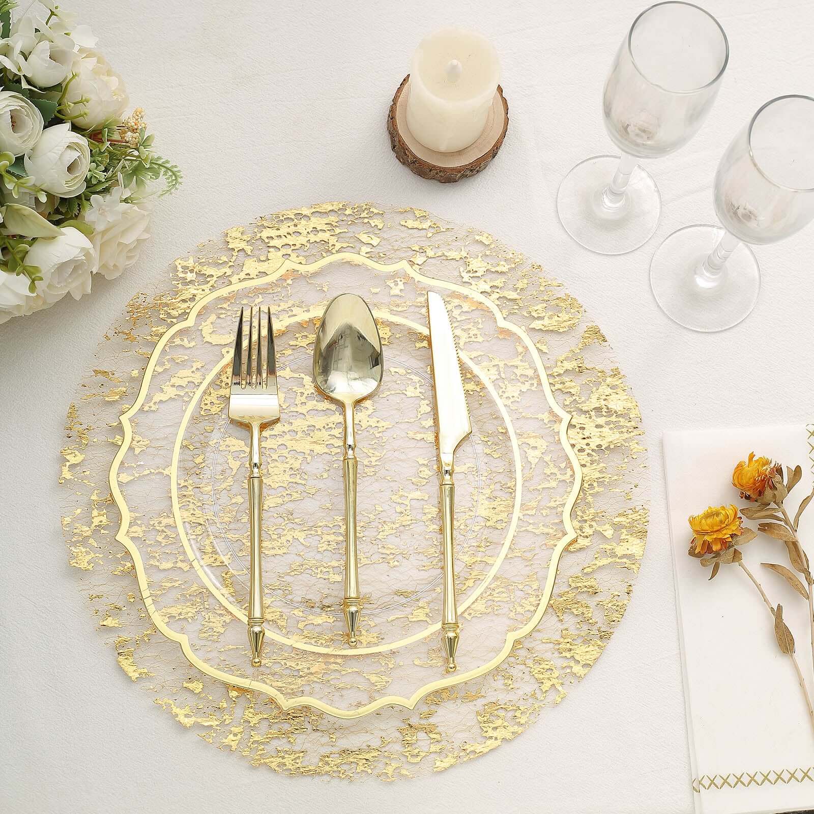 10 - Pack Table Placemats Foil Design Metallic Gold Round - Mesh Disposable Shiny Dining Mats 13" - Bell Racket Store