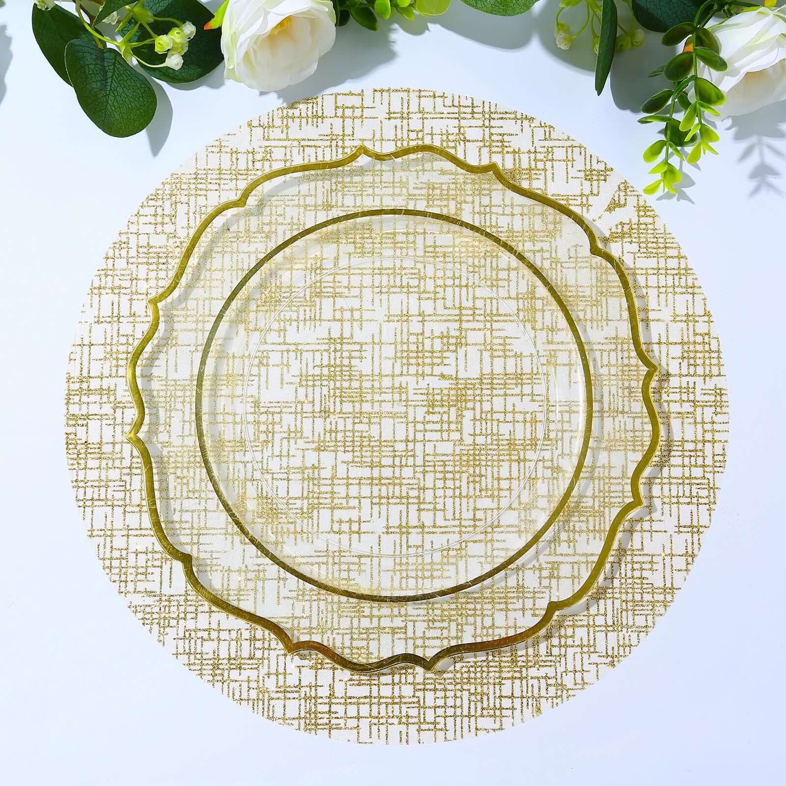 10 - Pack Table Placemats Glitter Design Metallic Gold Round - Mesh Polyester Disposable Mats 13" - Bell Racket Store