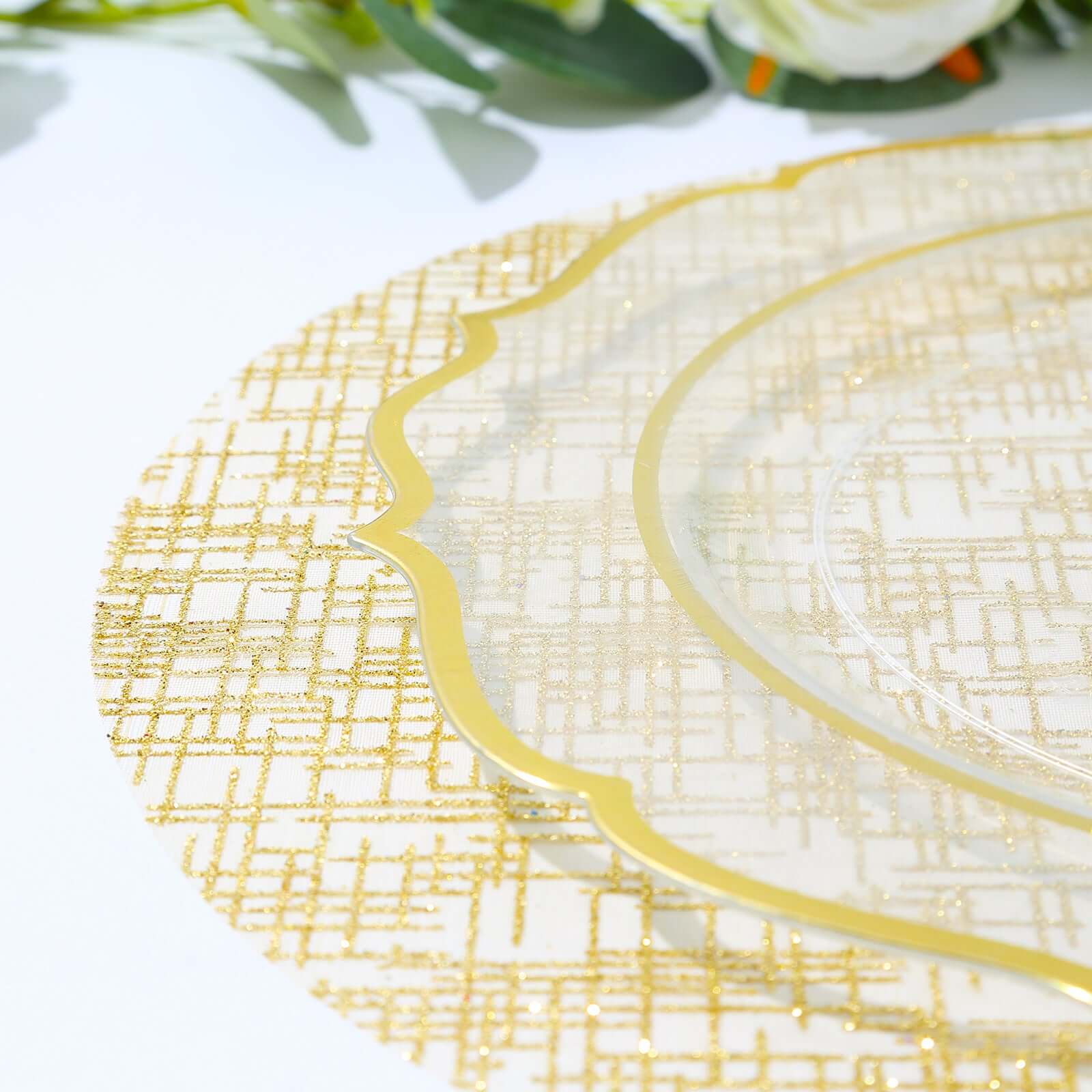 10 - Pack Table Placemats Glitter Design Metallic Gold Round - Mesh Polyester Disposable Mats 13" - Bell Racket Store