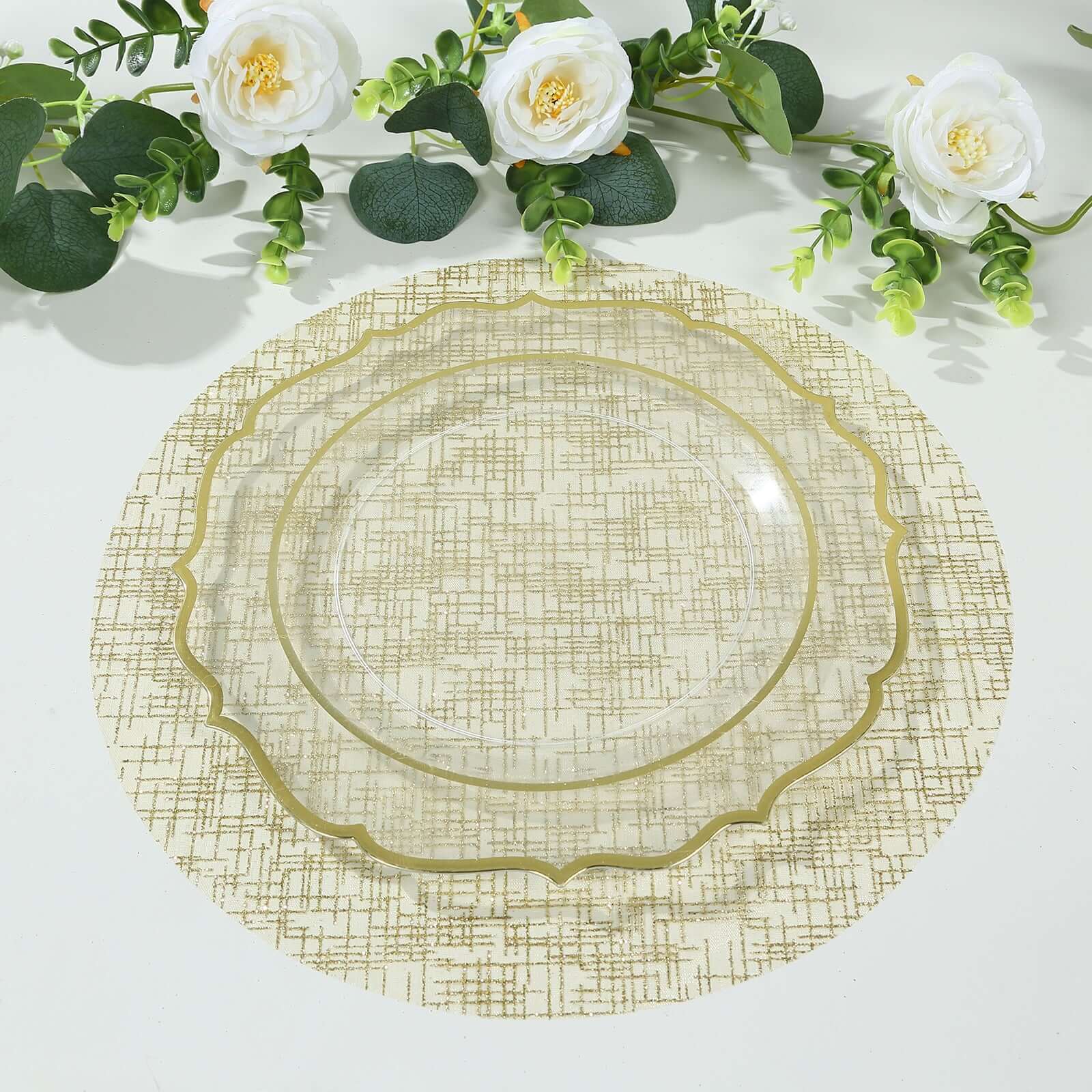 10 - Pack Table Placemats Glitter Design Metallic Gold Round - Mesh Polyester Disposable Mats 13" - Bell Racket Store