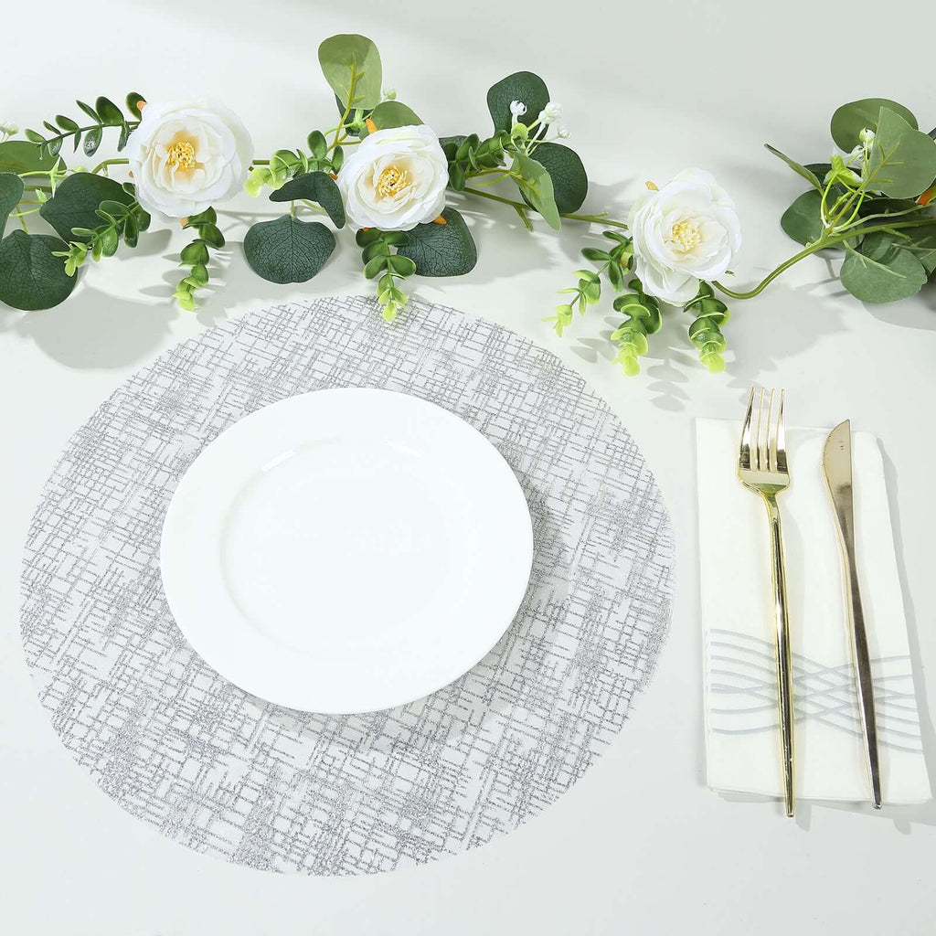 10 - Pack Table Placemats Glitter Design Metallic Silver Round - Mesh Polyester Disposable Mats 13" - Bell Racket Store