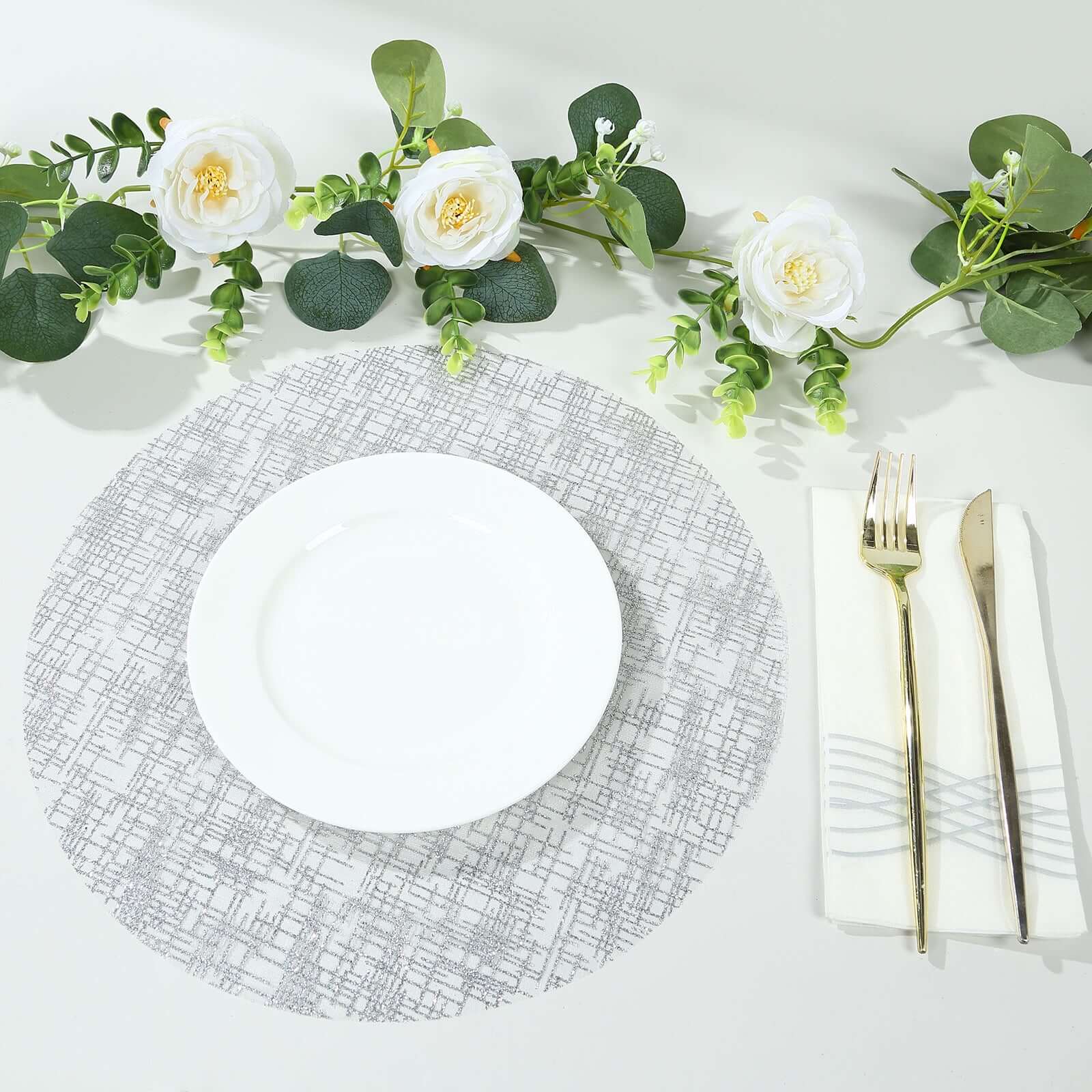 10 - Pack Table Placemats Glitter Design Metallic Silver Round - Mesh Polyester Disposable Mats 13" - Bell Racket Store