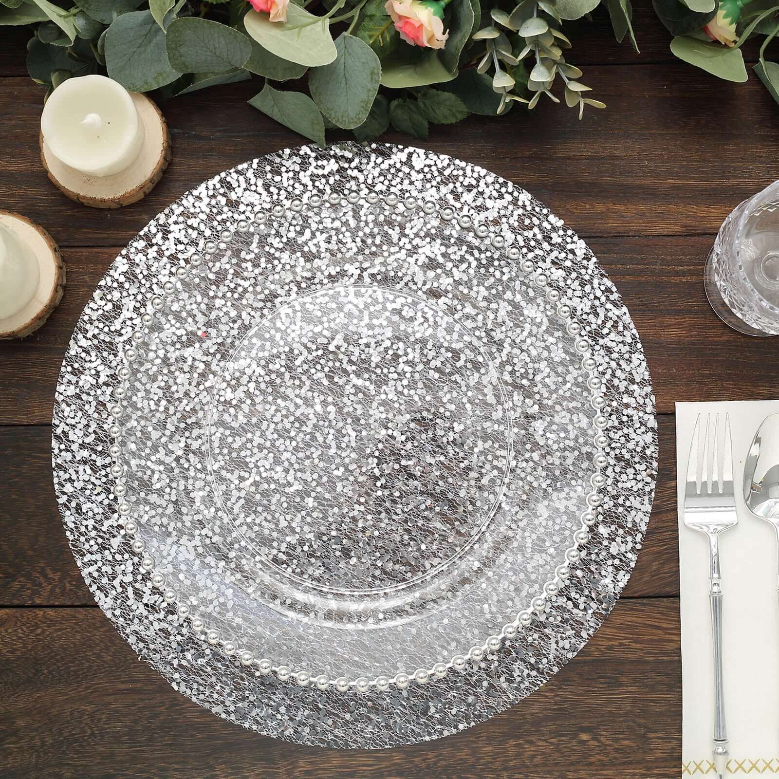 10 - Pack Table Placemats Sequin Design Metallic Silver Round - Mesh Disposable Dust - Free Dining Mats 13" - Bell Racket Store
