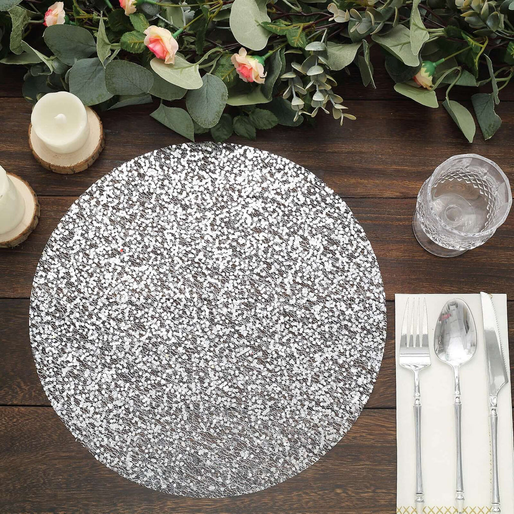 10 - Pack Table Placemats Sequin Design Metallic Silver Round - Mesh Disposable Dust - Free Dining Mats 13" - Bell Racket Store