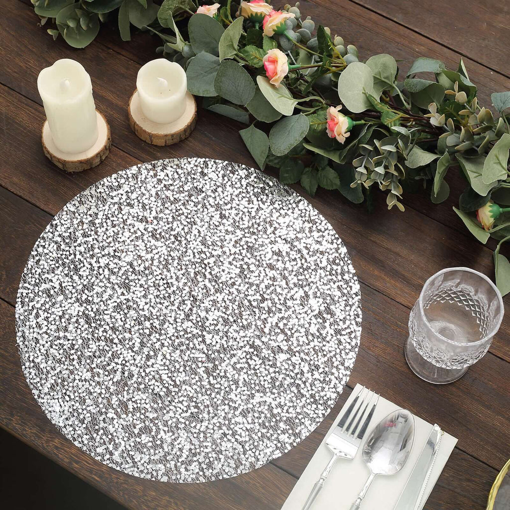 10 - Pack Table Placemats Sequin Design Metallic Silver Round - Mesh Disposable Dust - Free Dining Mats 13" - Bell Racket Store