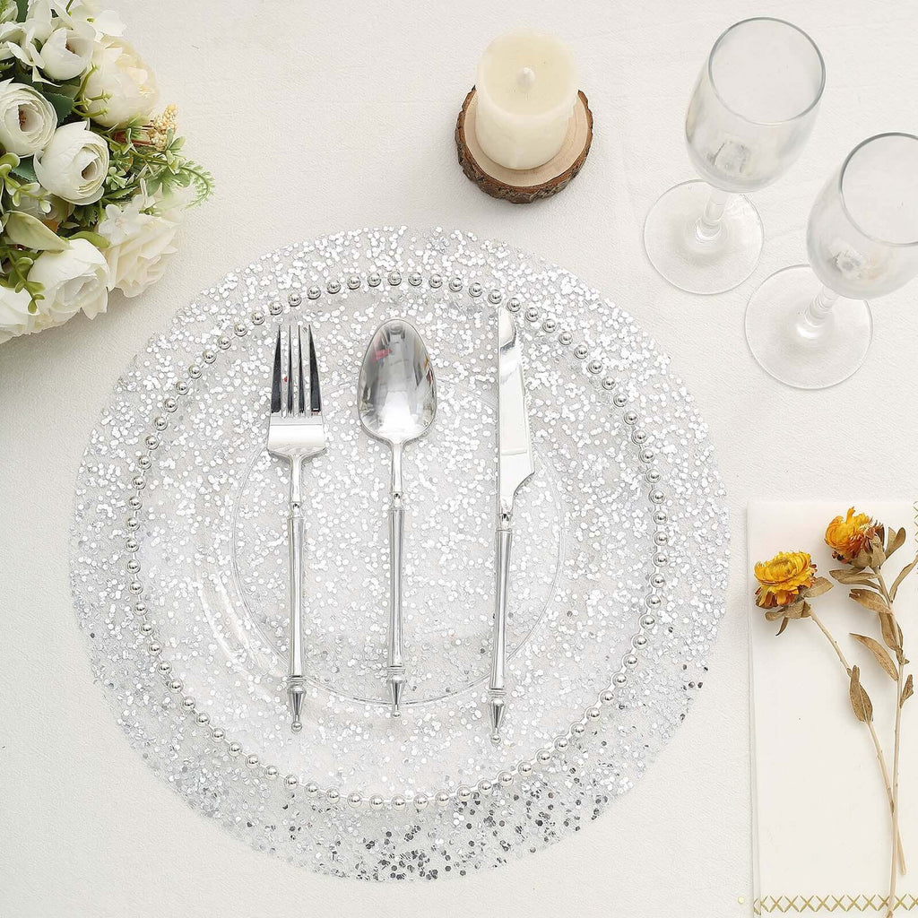 10 - Pack Table Placemats Sequin Design Metallic Silver Round - Mesh Disposable Dust - Free Dining Mats 13" - Bell Racket Store