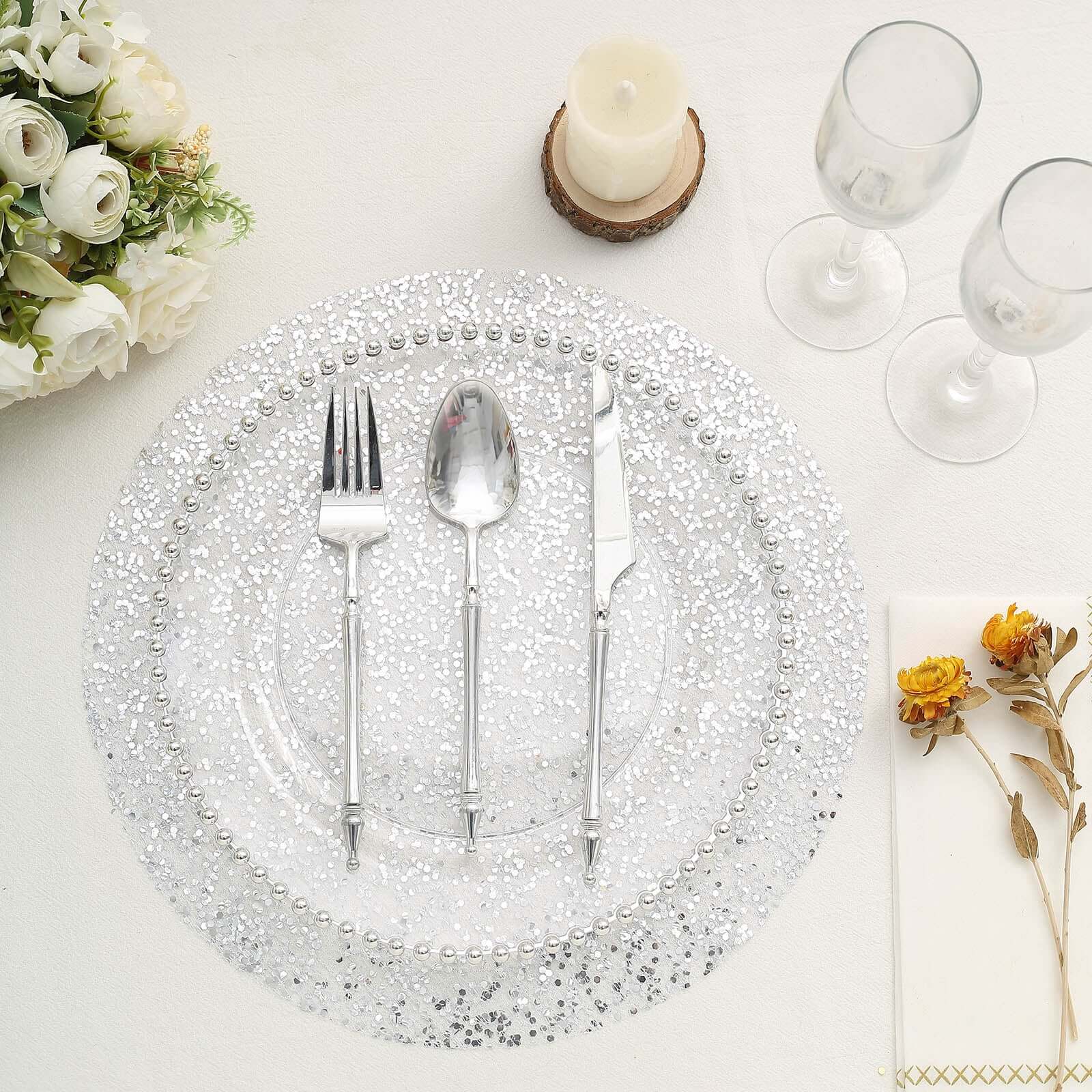 10 - Pack Table Placemats Sequin Design Metallic Silver Round - Mesh Disposable Dust - Free Dining Mats 13" - Bell Racket Store