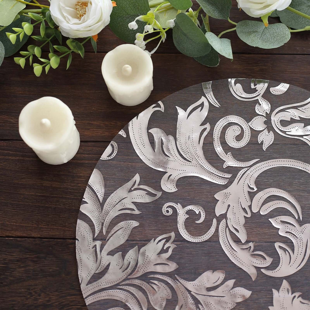 10 - Pack Table Placemats Swirl Foil Floral Design Metallic Silver Round - Sheer Organza Disposable Mats 13" - Bell Racket Store