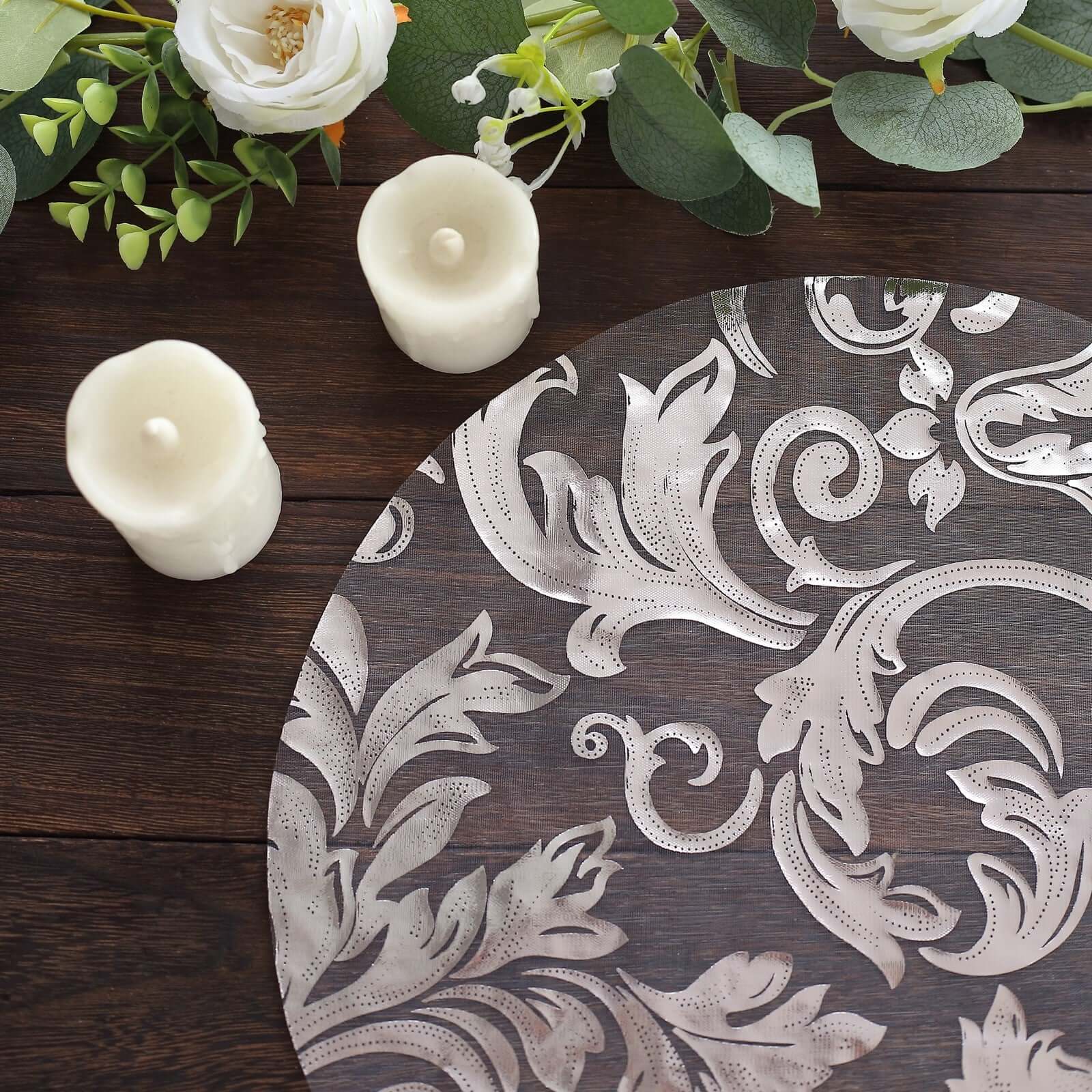 10 - Pack Table Placemats Swirl Foil Floral Design Metallic Silver Round - Sheer Organza Disposable Mats 13" - Bell Racket Store