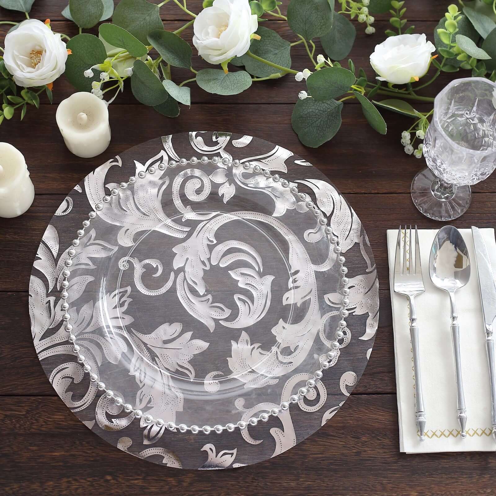 10 - Pack Table Placemats Swirl Foil Floral Design Metallic Silver Round - Sheer Organza Disposable Mats 13" - Bell Racket Store