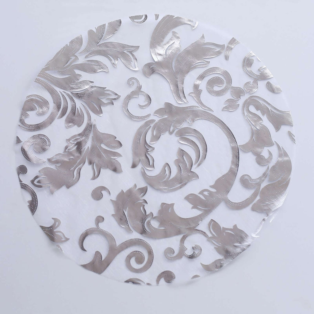 10 - Pack Table Placemats Swirl Foil Floral Design Metallic Silver Round - Sheer Organza Disposable Mats 13" - Bell Racket Store