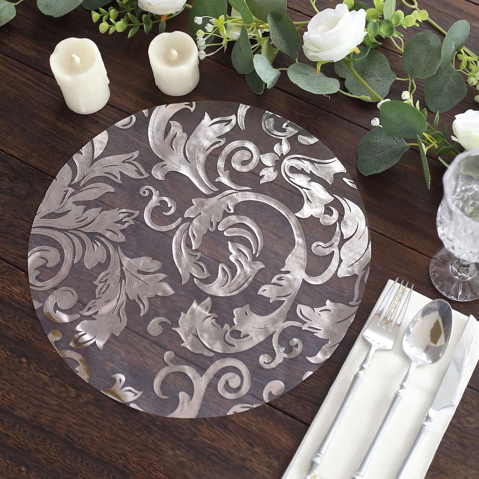 10 - Pack Table Placemats Swirl Foil Floral Design Metallic Silver Round - Sheer Organza Disposable Mats 13" - Bell Racket Store