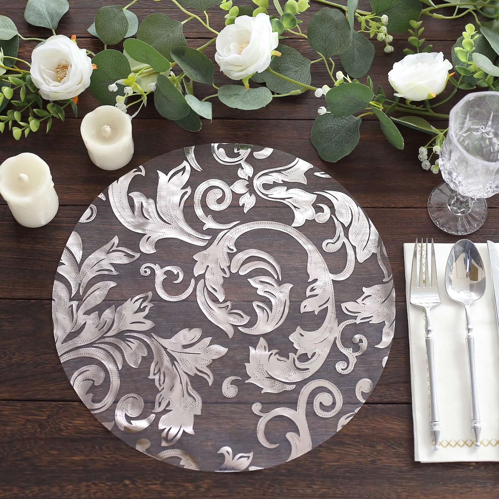 10 - Pack Table Placemats Swirl Foil Floral Design Metallic Silver Round - Sheer Organza Disposable Mats 13" - Bell Racket Store